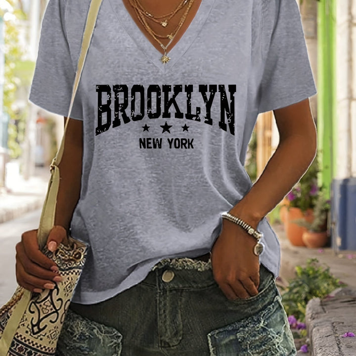 Brooklyn Print T-Shirt, Short Sleeve V Neck Summer Casual Top, Women's Clothing