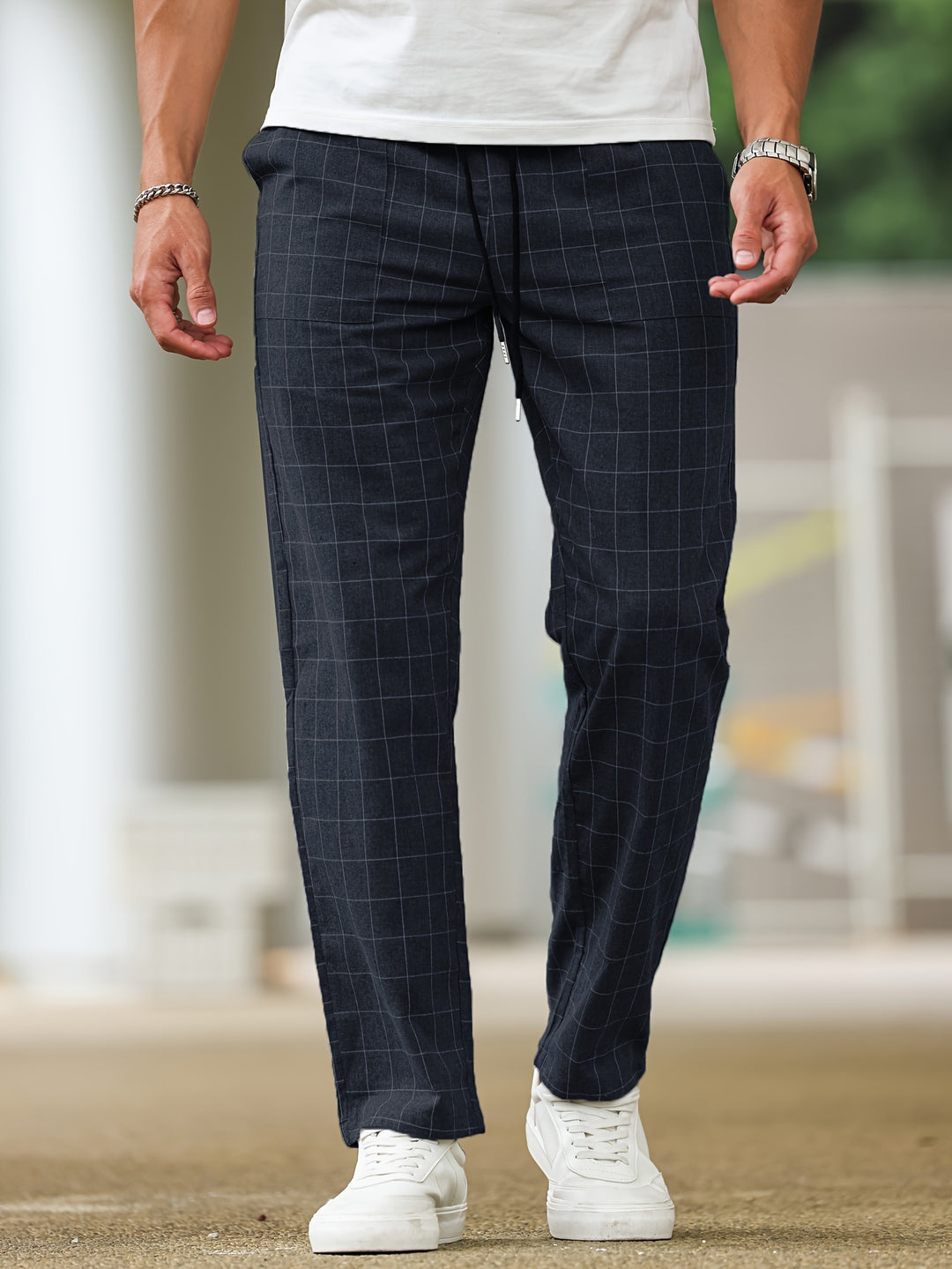 Men's Casual Striped Plaid Pants - Polyester, Drawstring Waist, Perfect for Spring/Fall