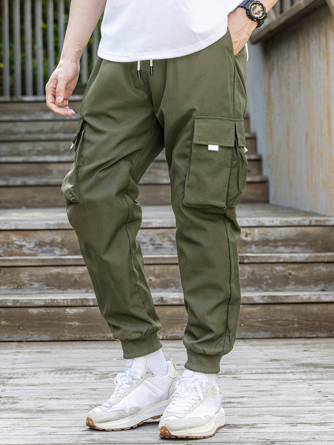 Loose Men's Comfy Cargo Pants With Flap Pockets, Drawstring Jogger Pants