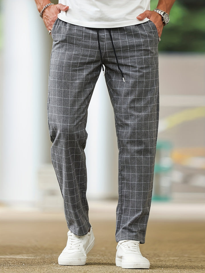 Men's Casual Striped Plaid Pants - Polyester, Drawstring Waist, Perfect for Spring/Fall