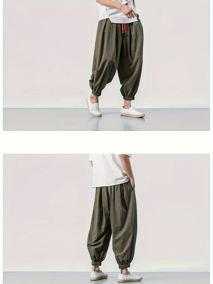 Men's Casual Solid Comfy Harem Pants With Drawstring, Hip Hop Style Trousers For Spring And Autumn