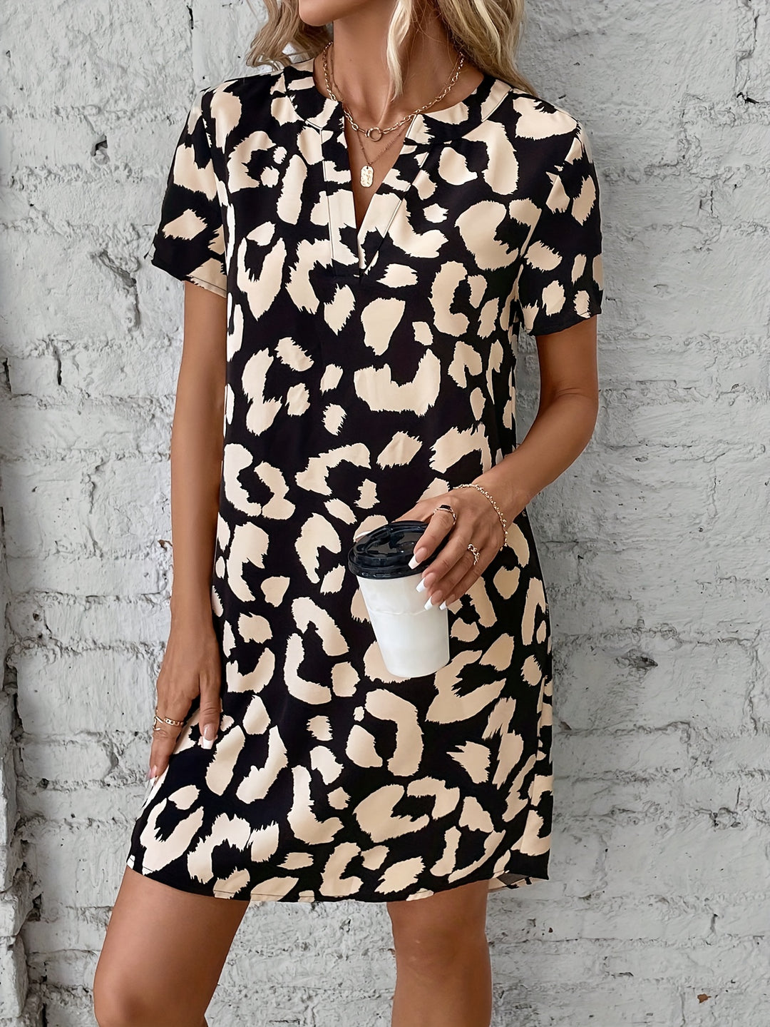 Allover Print V Neck Dress – Casual Short Sleeve