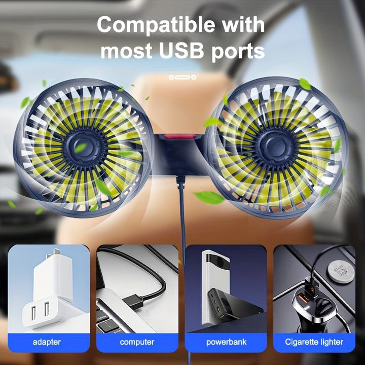 Car Fan, Car Small Air Conditioner, Dual-Head Rear Fan, Strong Wind, 5 Blades, 360 Degree Rotation, Extra Large Air Volume, Super Low Sound Operation, Easy Clip Installation, Foldable and Hidden Under the Headrest, Disassembl