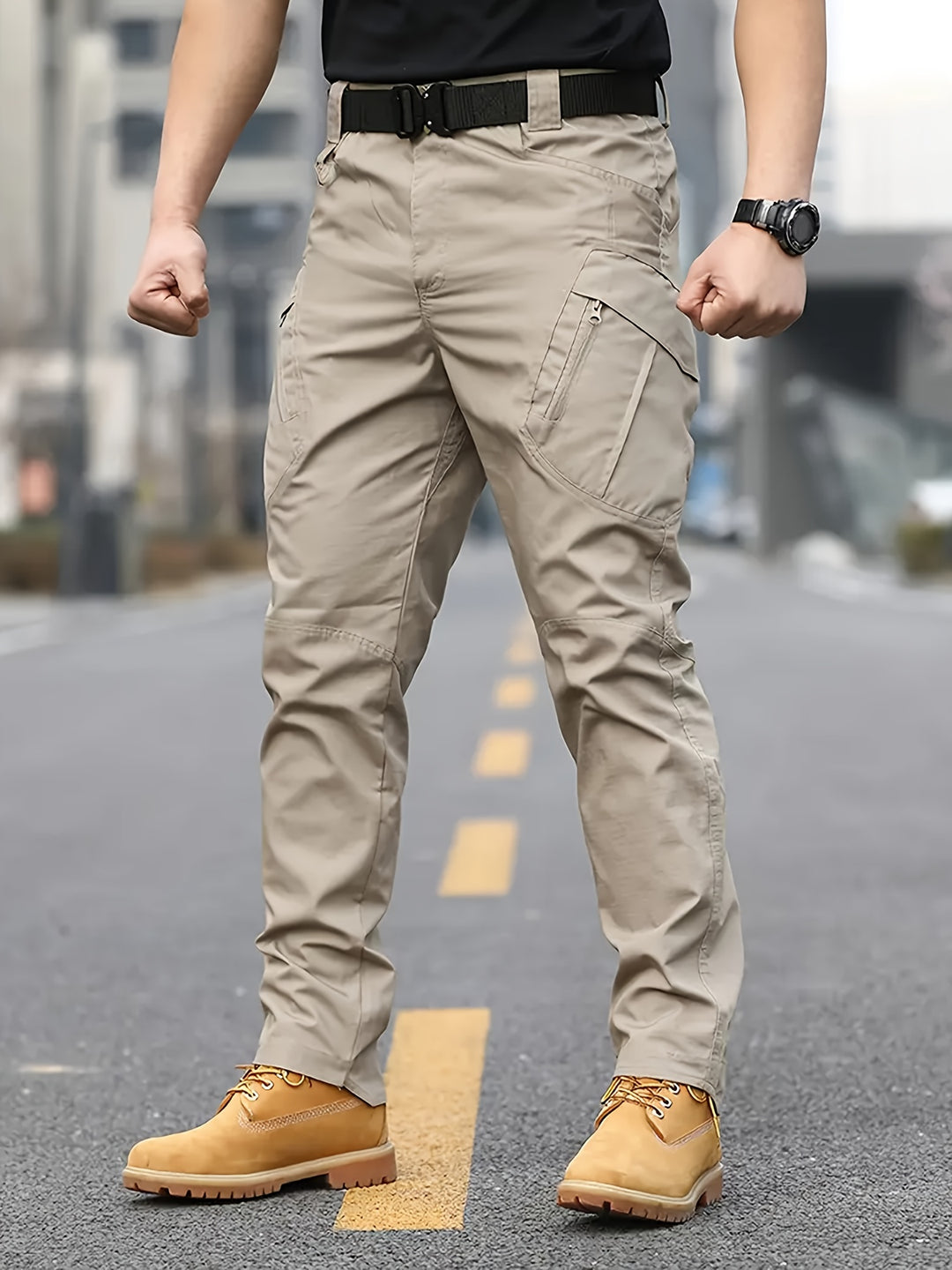 Men's Tactical Pants with Multiple Pockets, Solid Color Polyester, Machine Washable - All Seasons