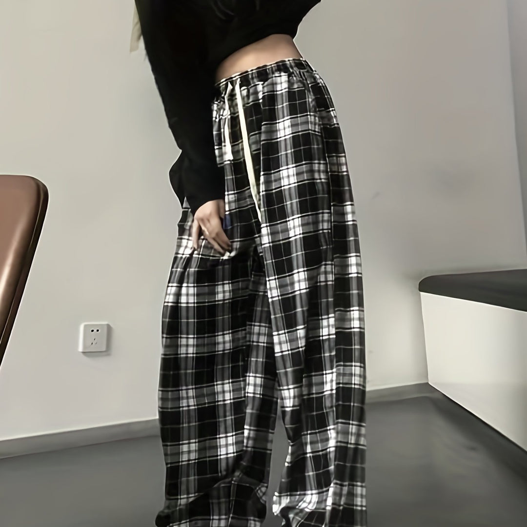 Women's Plaid Gothic Pants with Elastic Waist and Loose Wide Legs