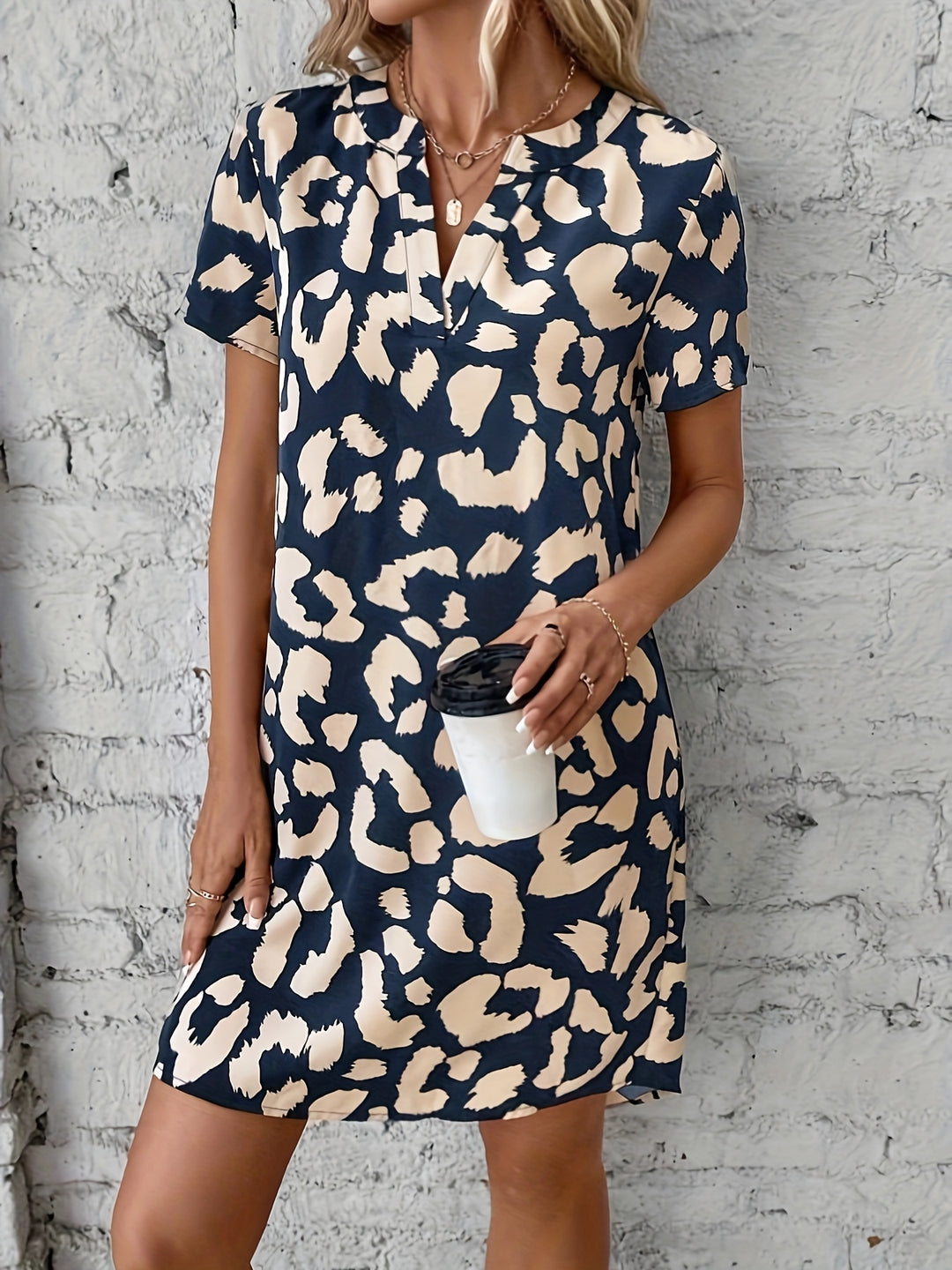 Allover Print V Neck Dress – Casual Short Sleeve