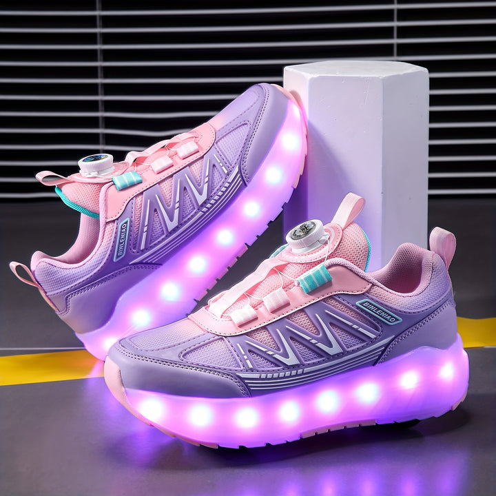 Girls' Dual-Purpose LED Light-Up Roller Skate Shoes with 16 Flashing Modes, Pink & Purple - Casual & Outdoor Sneakers with Rotary Buckle, Breathable Fabric, Low Top, Lightweight EVA/TPR Sole for Hiking, Daily Wear - All-Seaso