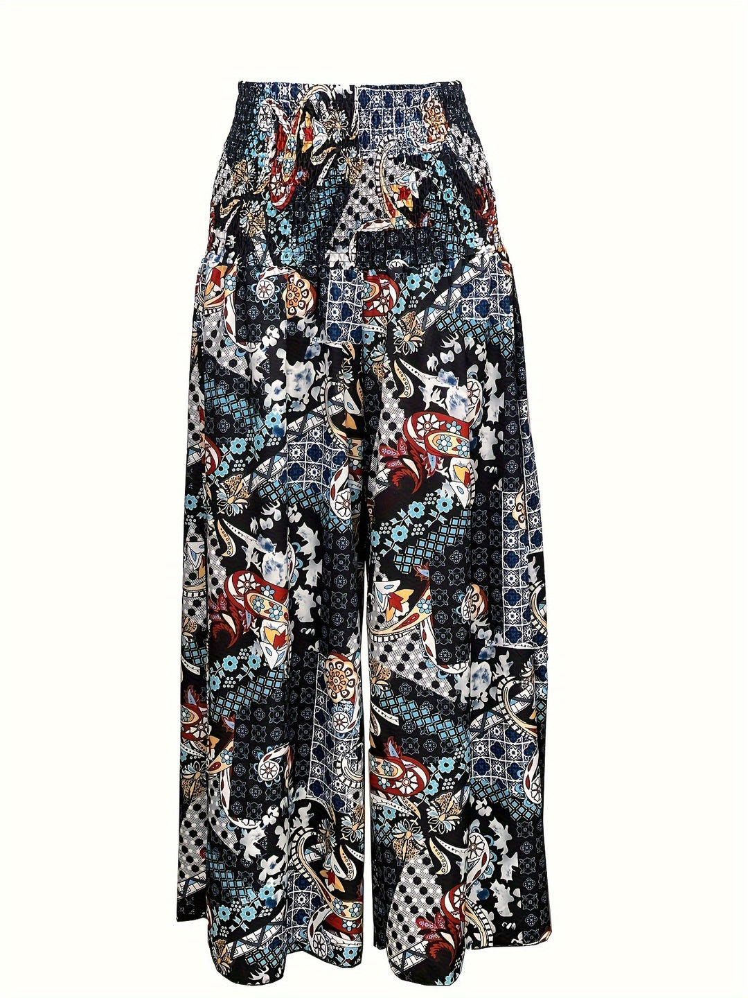 Floral Print Wide Leg Pants, Boho Shirred High Waist Loose Flare Pants For Spring & Summer, Women's Clothing