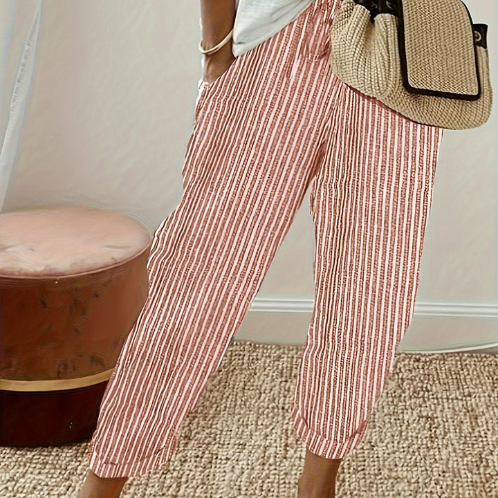 Womens Breathable Striped Drawstring Pants - Lightweight Pocketed Spring/Summer Casual Wear