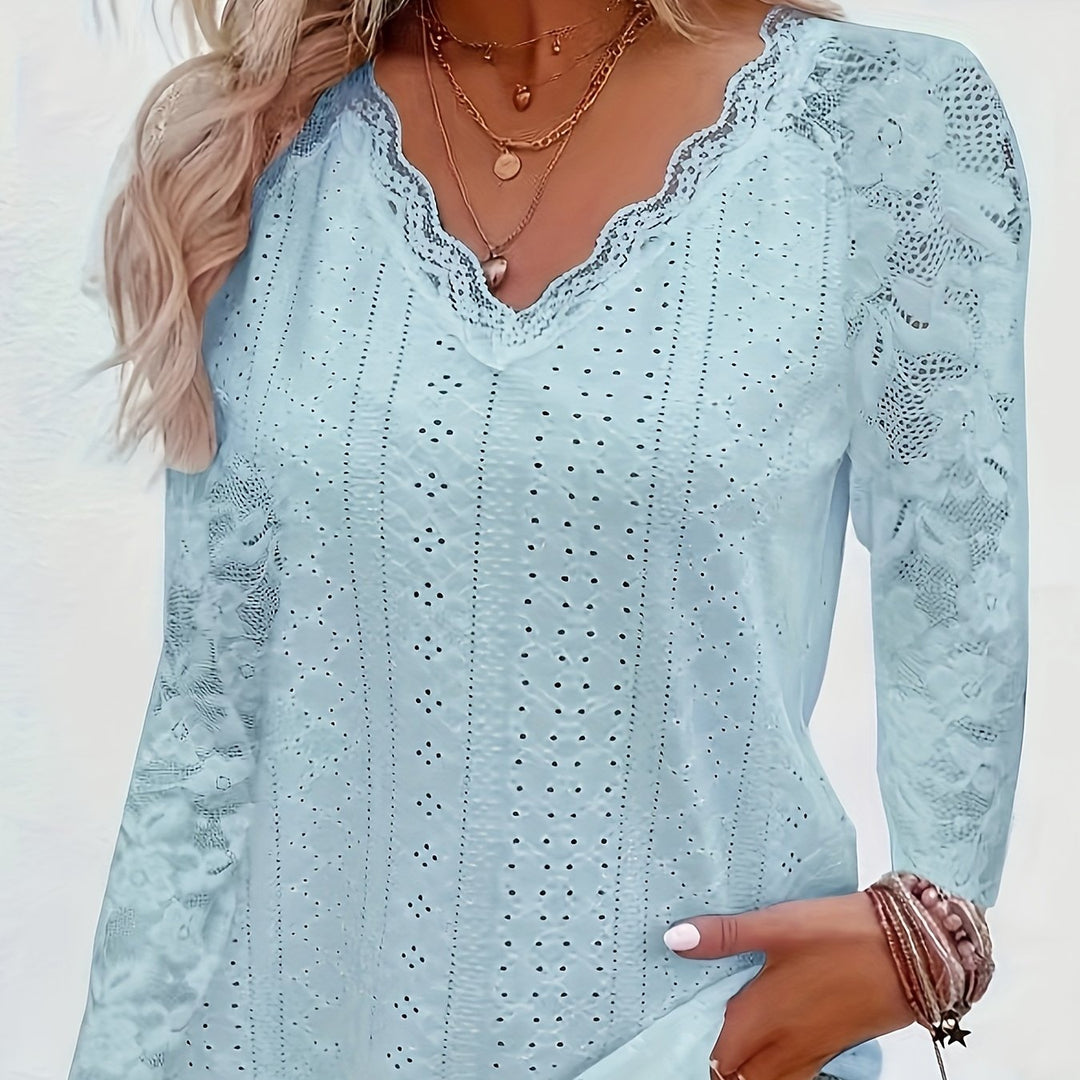 Contrast Lace V-neck Eyelet T-Shirt, Elegant Long Sleeve T-Shirt For Spring & Fall, Women's Clothing