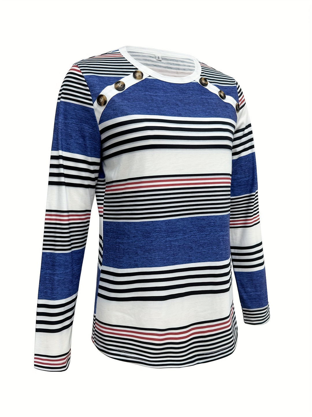 Elegant Women's Striped Long Sleeve T-Shirt with Chic Button Detail - Crew Neck, Comfort Fit, Machine Washable - Perfect for Daily Wear