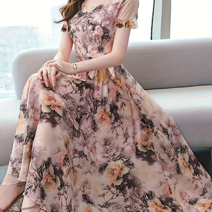 Floral Print Crew Neck Dress, Elegant Short Sleeve Dress For Spring & Summer, Women's Clothing For Elegant Dressing