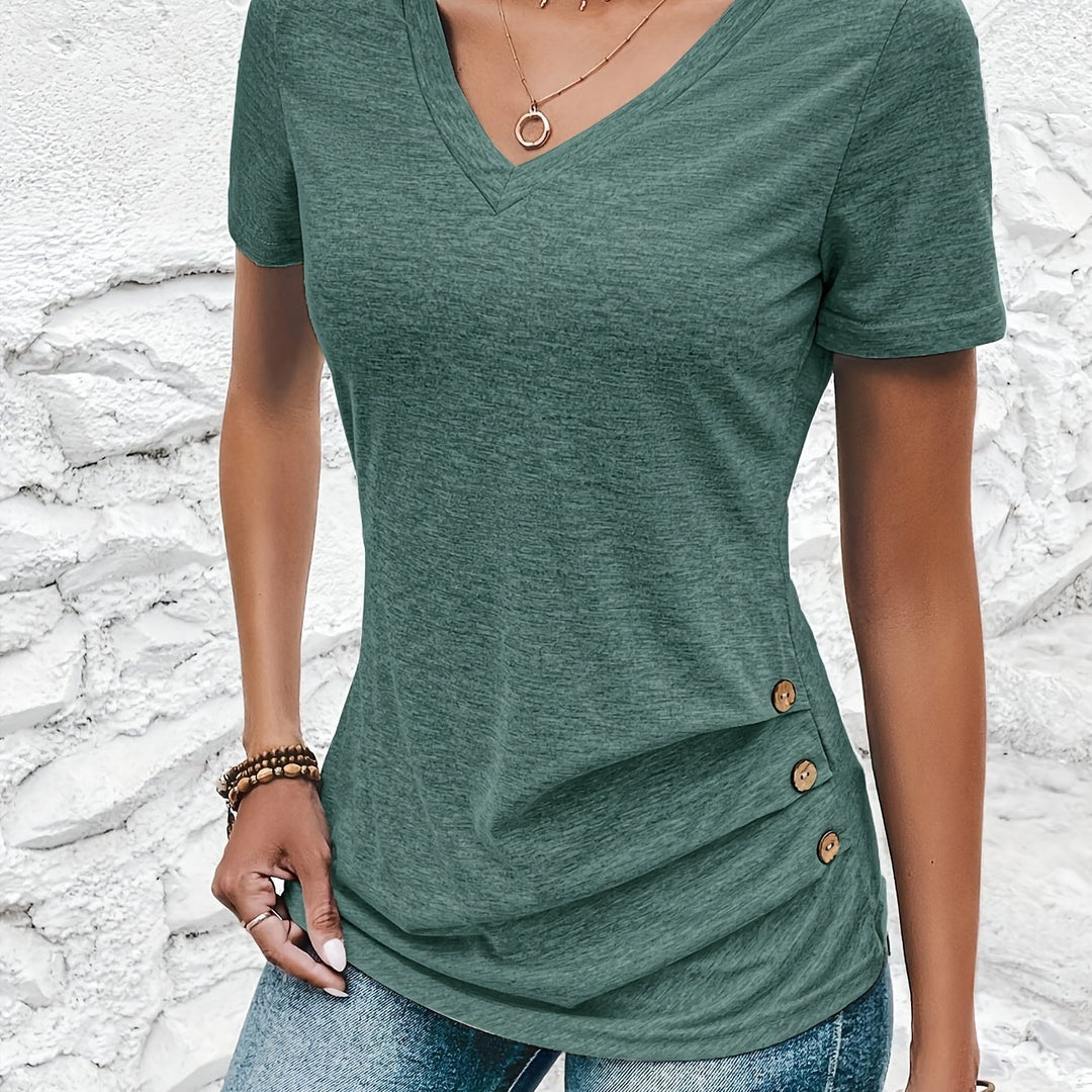 Chic Green V-Neck T-Shirt with Decorative Buttons - Casual Short Sleeve Top, Polyester & Spandex Blend, Machine Washable - Perfect for Spring/Summer/Fall