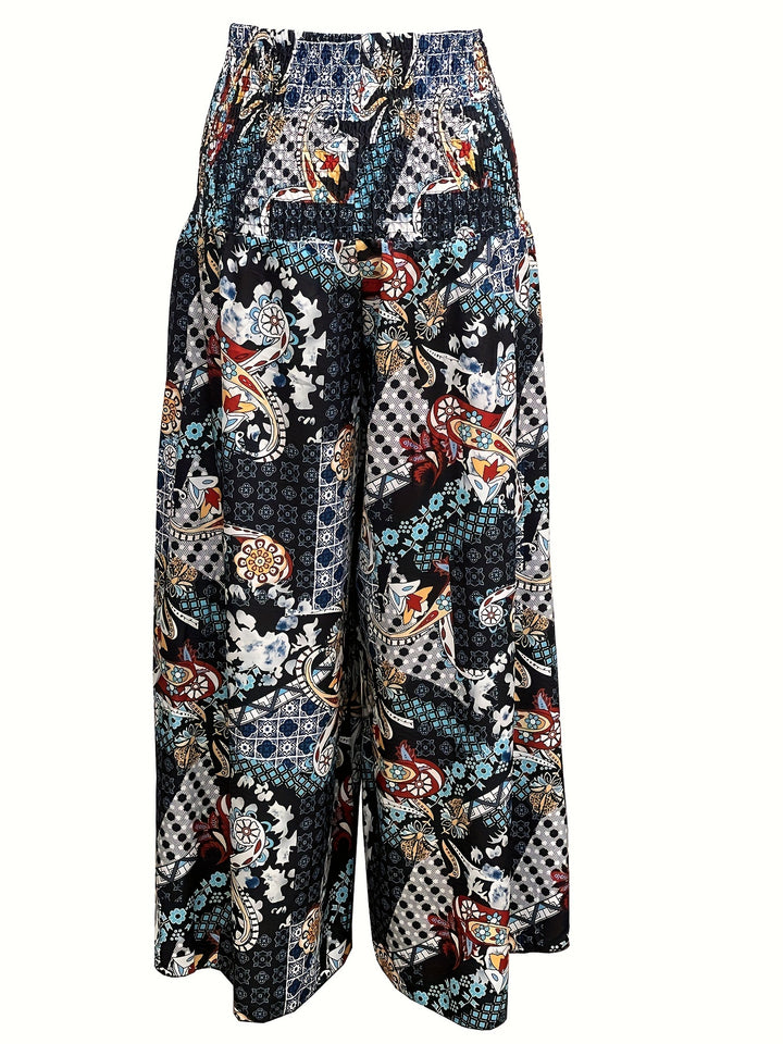 Floral Print Wide Leg Pants, Boho Shirred High Waist Loose Flare Pants For Spring & Summer, Women's Clothing