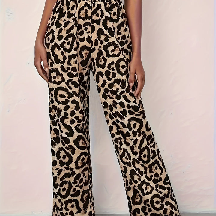 Leopard Print Elastic Waist Wide Leg Pants, Casual & Versatile High Waist Pants For Spring & Summer, Women's Clothing