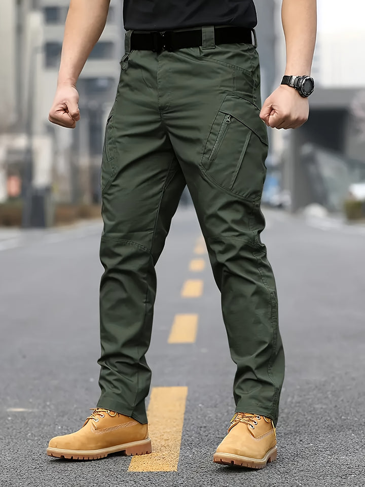 Men's Tactical Pants with Multiple Pockets, Solid Color Polyester, Machine Washable - All Seasons