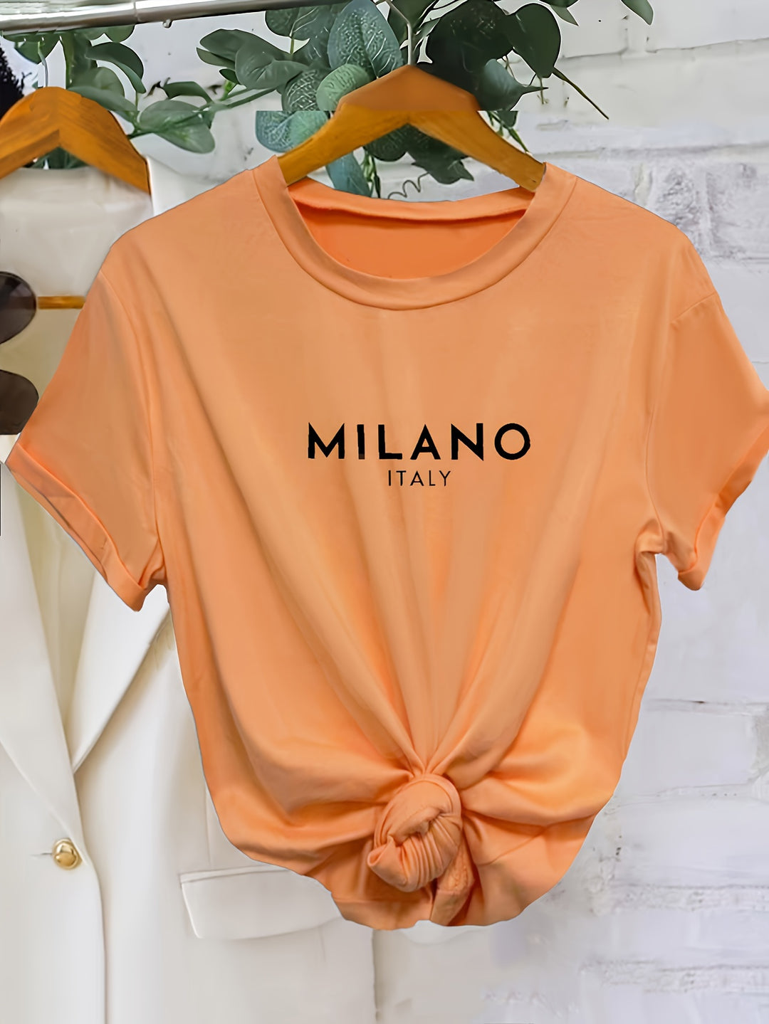 Milano Letter Print T-shirt, Casual Crew Neck Short Sleeve Top For Spring & Summer, Women's Clothing