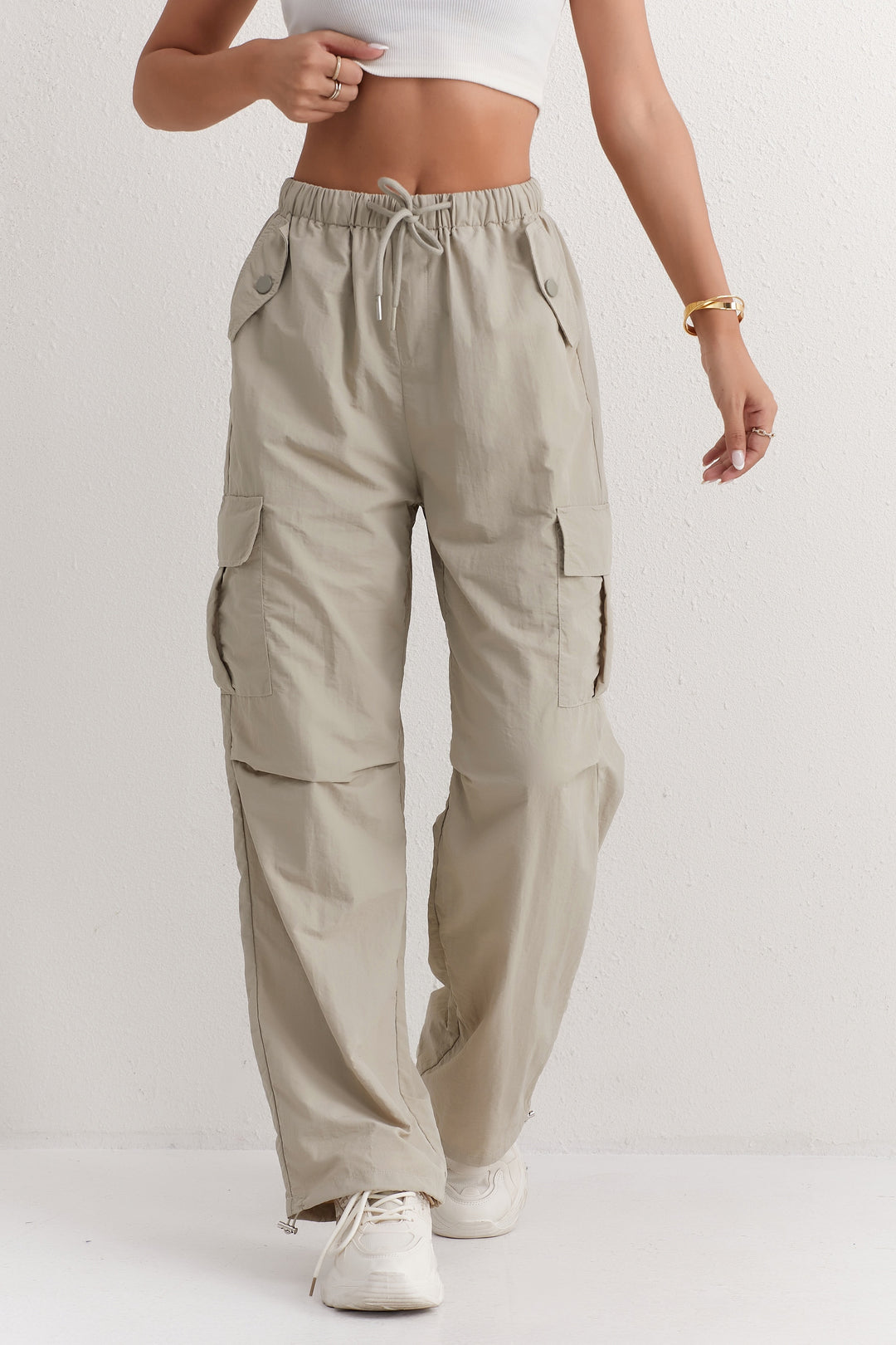 Slant Pockets Straight Leg Cargo Pants, Casual Drawstring Waist Pants For Spring & Summer, Women's Clothing