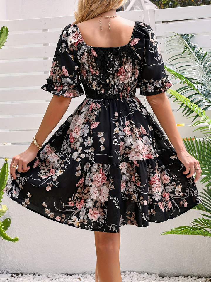 Floral Print Square Neck Shirred Dress, Elegant Short Sleeve Ruffle Hem A-line Dress for Spring & Summer, Women's Clothing