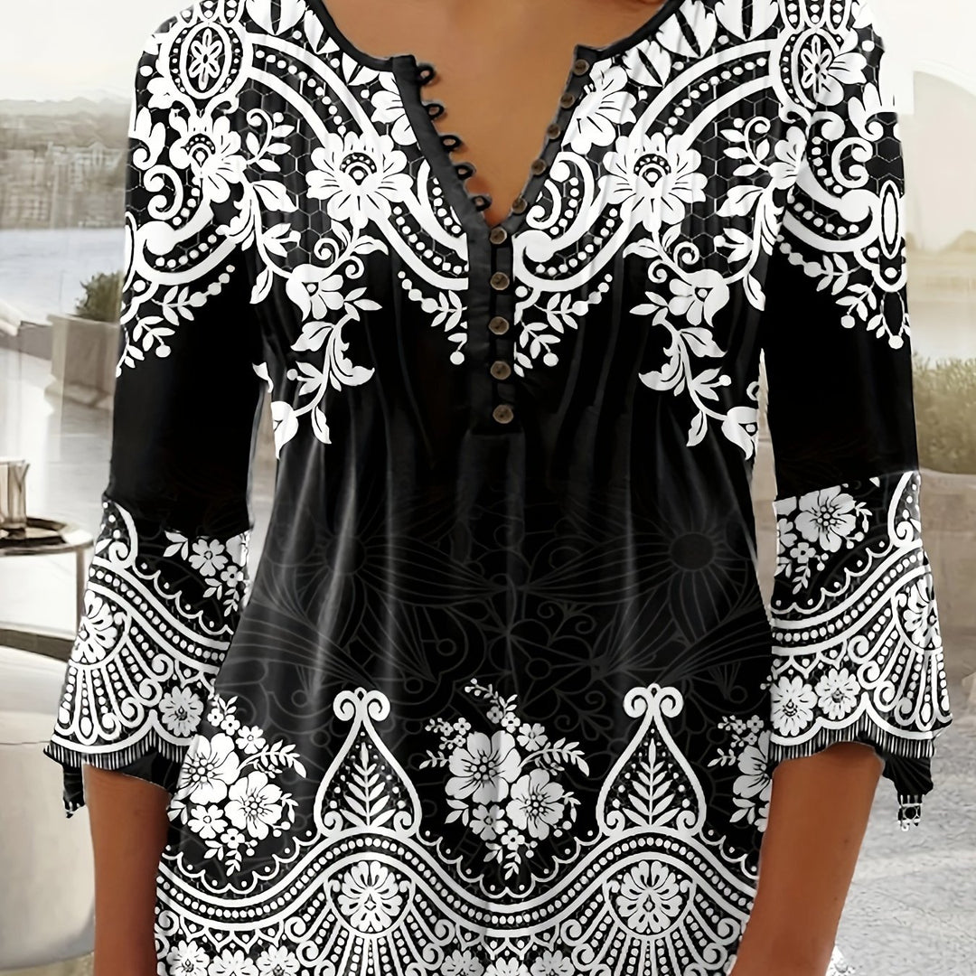 Plus Size Boho Top, Women's Plus Paisley Print Half Sleeve Button Up V Neck Slight Stretch Top