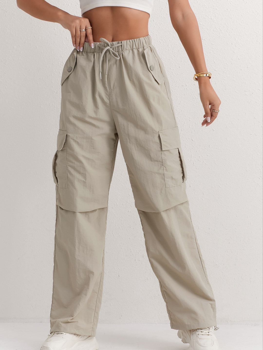 Slant Pockets Straight Leg Cargo Pants, Casual Drawstring Waist Pants For Spring & Summer, Women's Clothing