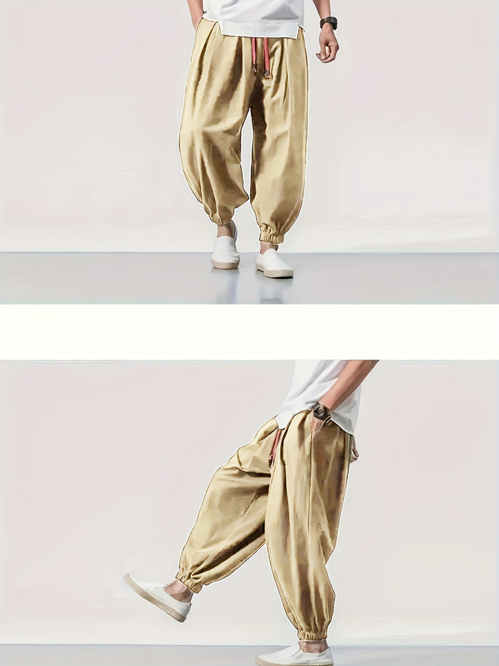 Men's Casual Solid Comfy Harem Pants With Drawstring, Hip Hop Style Trousers For Spring And Autumn