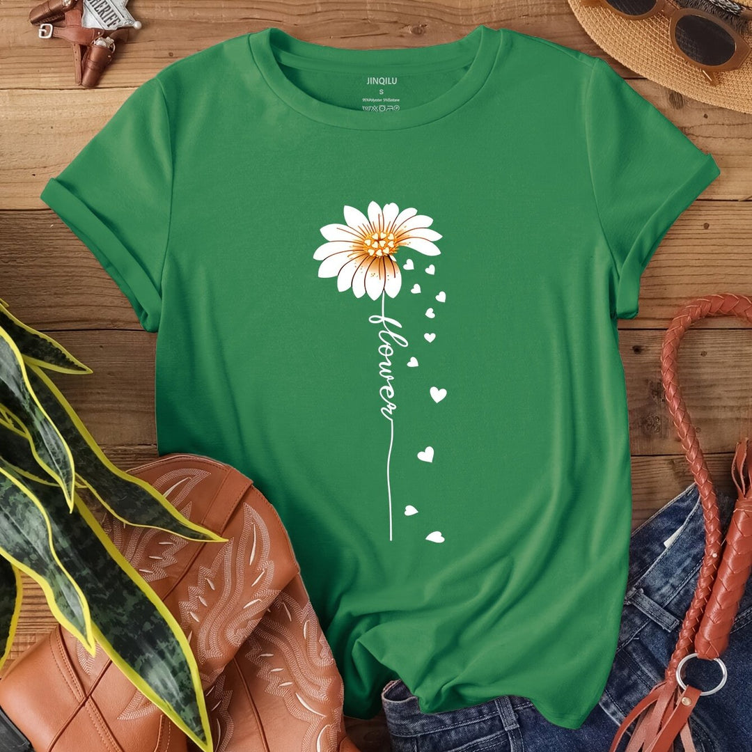 Faith Letter & Flower Print T-shirt, Casual Short Sleeve Crew Neck Top, Women's Clothing, Valentine's Day