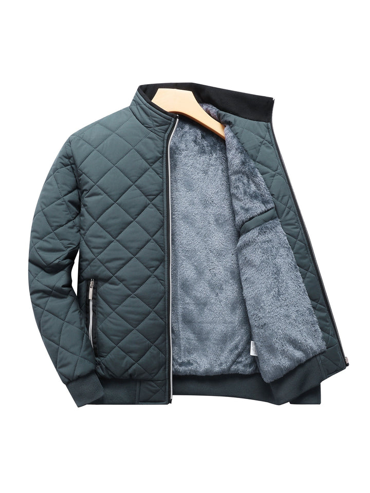 Men's Quilted Fleece-Lined Jacket - Warm & Stylish, Casual Zip-Up with Stand Collar, Long Sleeves, and Pockets - Dark Green, Polyester, Perfect for Winter, Zip Up Jacket