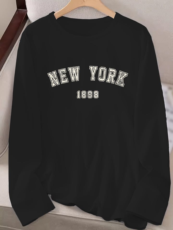 New York Print Crew Neck T-shirt, Casual Long Sleeve Top For Spring & Fall, Women's Clothing