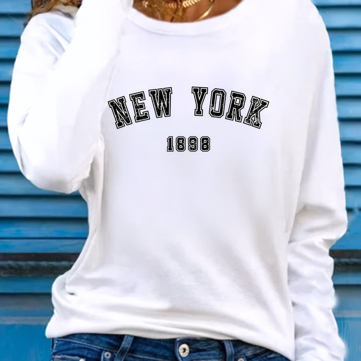 New York Print Crew Neck T-shirt, Casual Long Sleeve Top For Spring & Fall, Women's Clothing