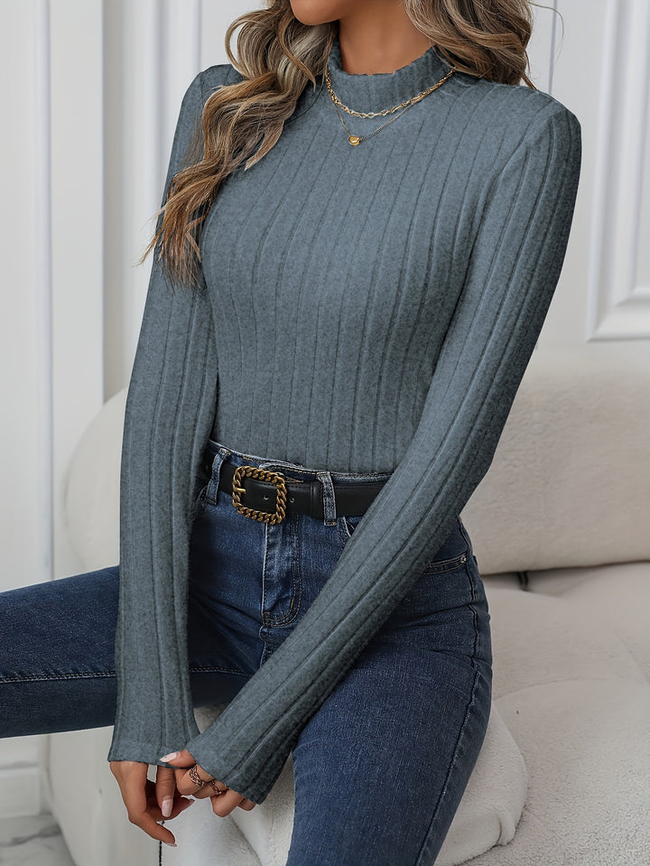 Elegant Dark Gray Ribbed Knit T-Shirt - Mock Neck, Long Sleeve, Stretchy Polyester Blend, Machine Washable - Chic & Versatile for All Seasons