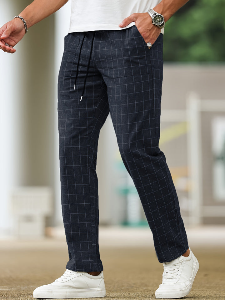 Men's Casual Striped Plaid Pants - Polyester, Drawstring Waist, Perfect for Spring/Fall