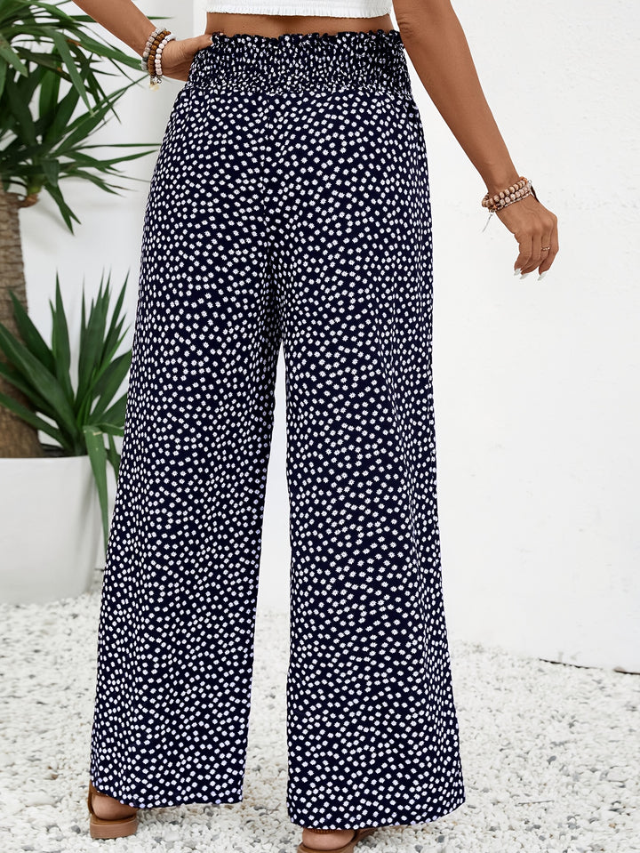 Allover Print Wide Leg Pants – Casual Shirred Waist