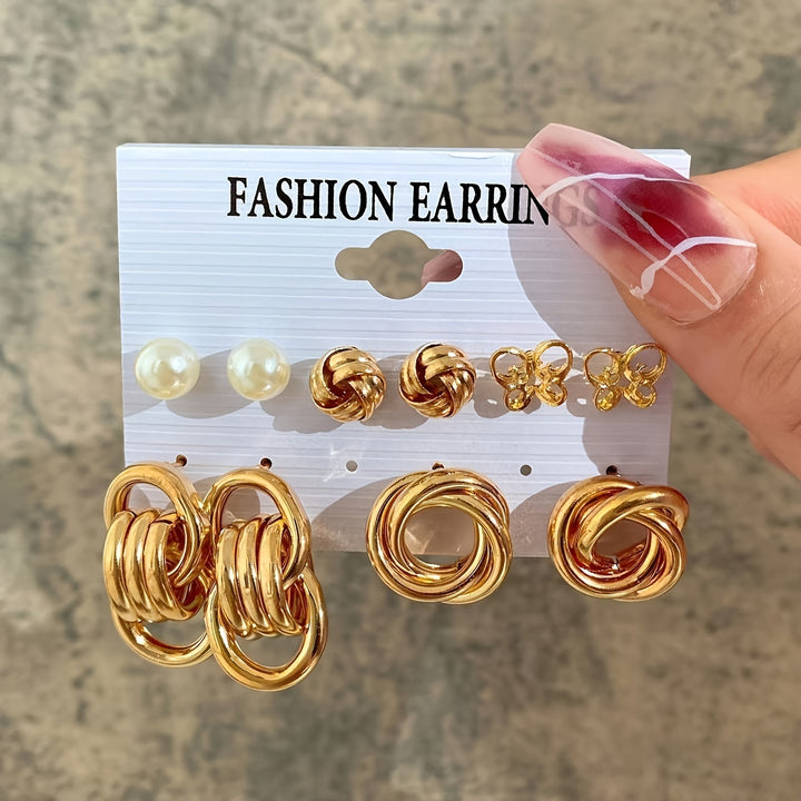 Set Of 10/22 Vacation Simple Exaggerated European And American Golden Style Butterfly Flower Twist Polygon Imitation Pearl Ladies' Earrings Ear Studs Set Ladies' Party Travel Holiday Essential Appointment