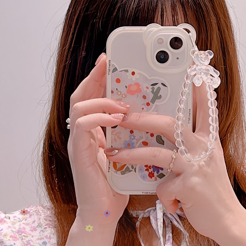 Cute Cartoon Bear & Flower Pattern Phone Case with Bead Bracelet for iPhone 13/11/14 Pro Max/12 XR/XS/7/8 Plus SE 2020/2022 SE/Mini 2022