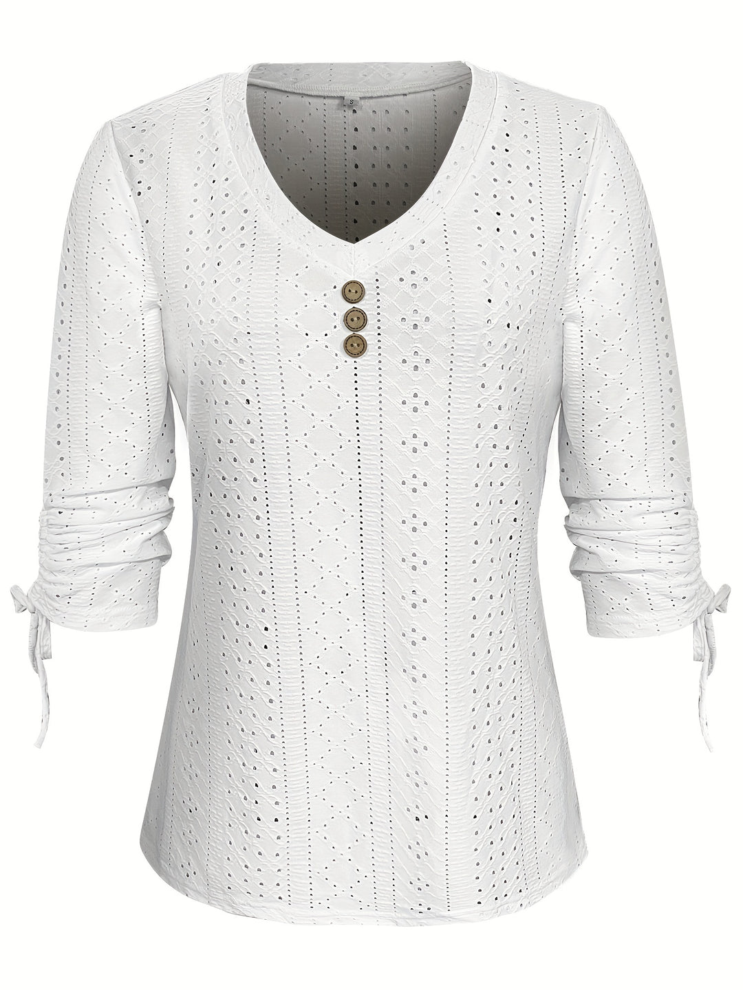 Eyelet V Neck Button T-Shirt, Casual Ruched Drawstring Long Sleeve T-Shirt, Women's Clothing