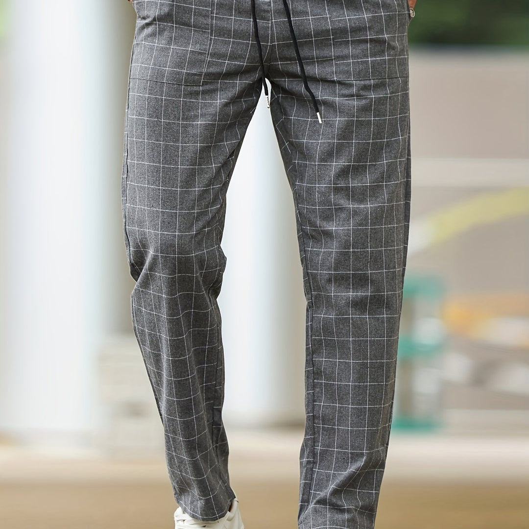 Men's Casual Striped Plaid Pants - Polyester, Drawstring Waist, Perfect for Spring/Fall