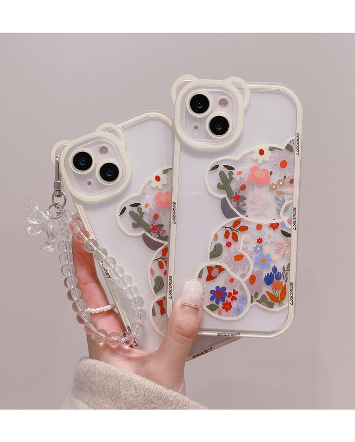 Cute Cartoon Bear & Flower Pattern Phone Case with Bead Bracelet for iPhone 13/11/14 Pro Max/12 XR/XS/7/8 Plus SE 2020/2022 SE/Mini 2022