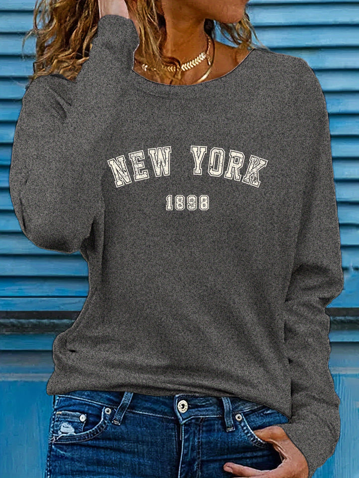 New York Print Crew Neck T-shirt, Casual Long Sleeve Top For Spring & Fall, Women's Clothing