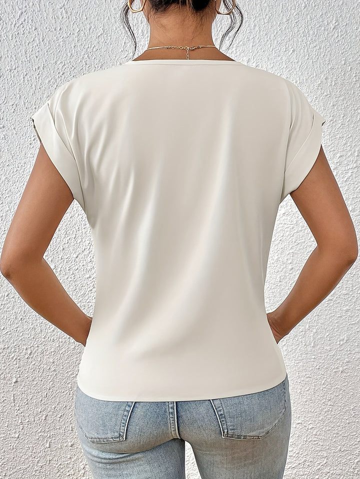 Knot V Neck T-Shirt, Casual Short Sleeve T-Shirt For Spring & Summer, Women's Clothing