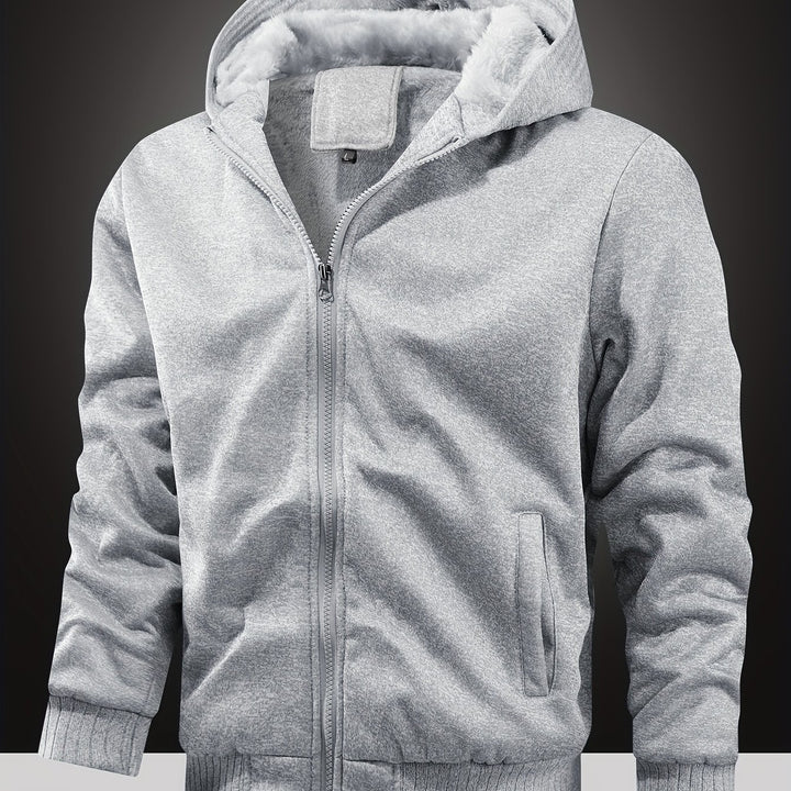 Winter Fleece Thickened Solid Color Hooded Cardigan Sweatshirt Men's Jacket