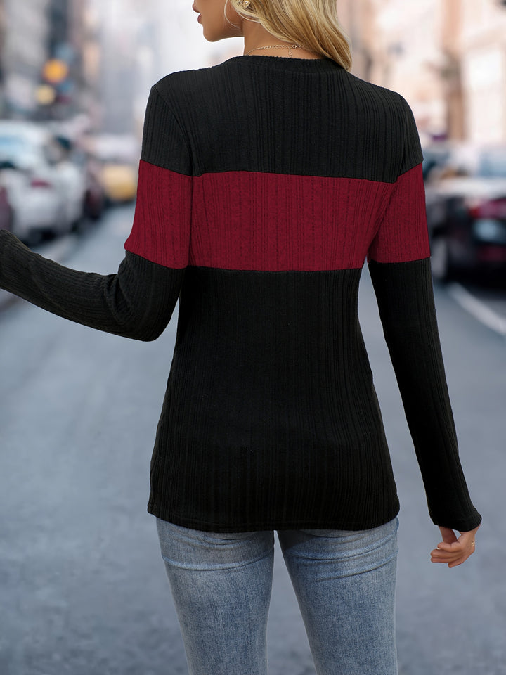 Color Block Crew Neck Top, Casual Long Sleeve Top For Fall & Winter, Women's Clothing