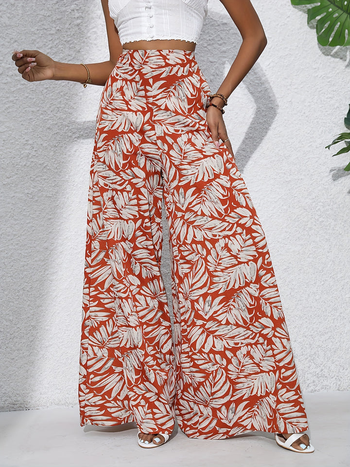 Bohemian Chic Plants Print Palazzo Pants - Casual High Waist Elastic Wide Leg - Perfect for Summer Beach Vacations - Comfortable Womens Clothing