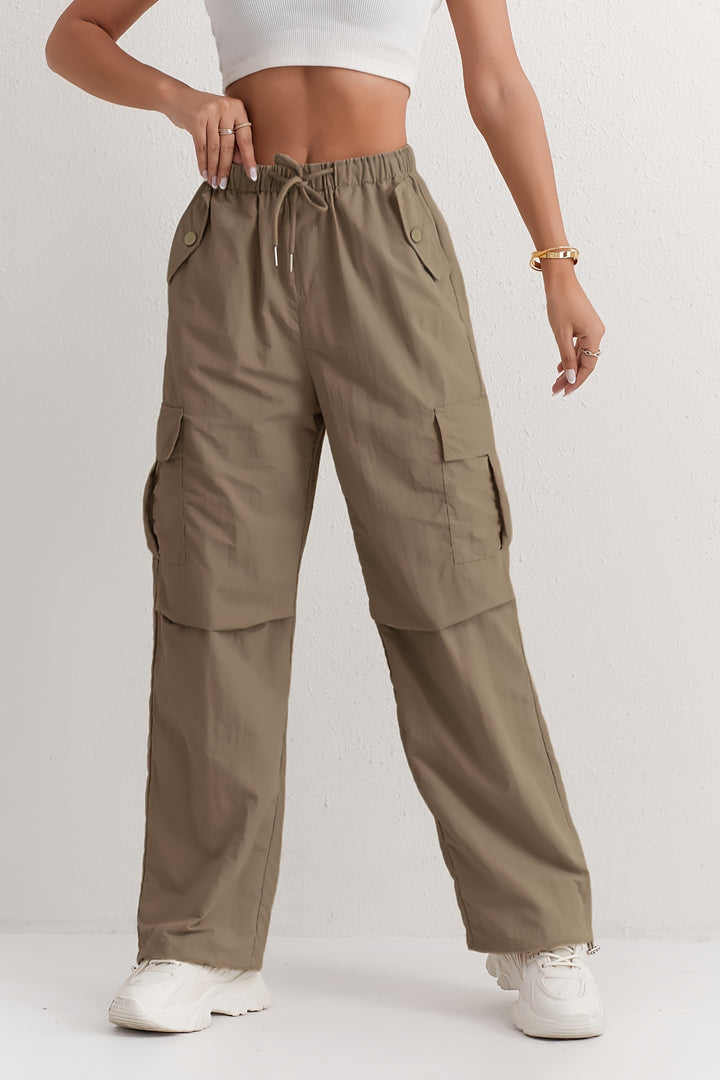 Slant Pockets Straight Leg Cargo Pants, Casual Drawstring Waist Pants For Spring & Summer, Women's Clothing