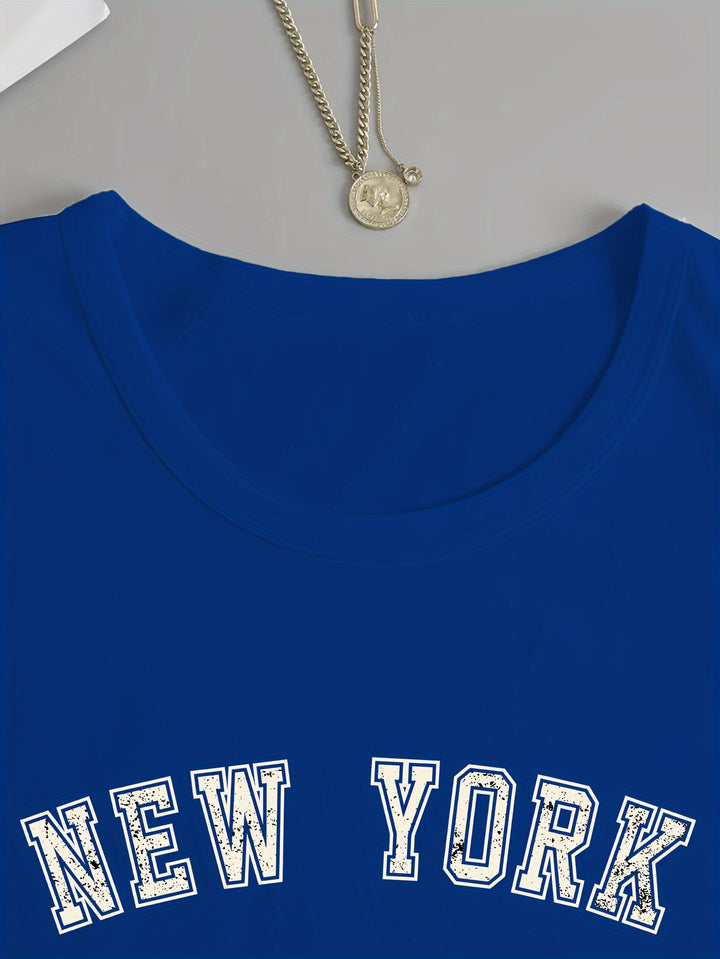 New York Print Crew Neck T-shirt, Casual Long Sleeve Top For Spring & Fall, Women's Clothing