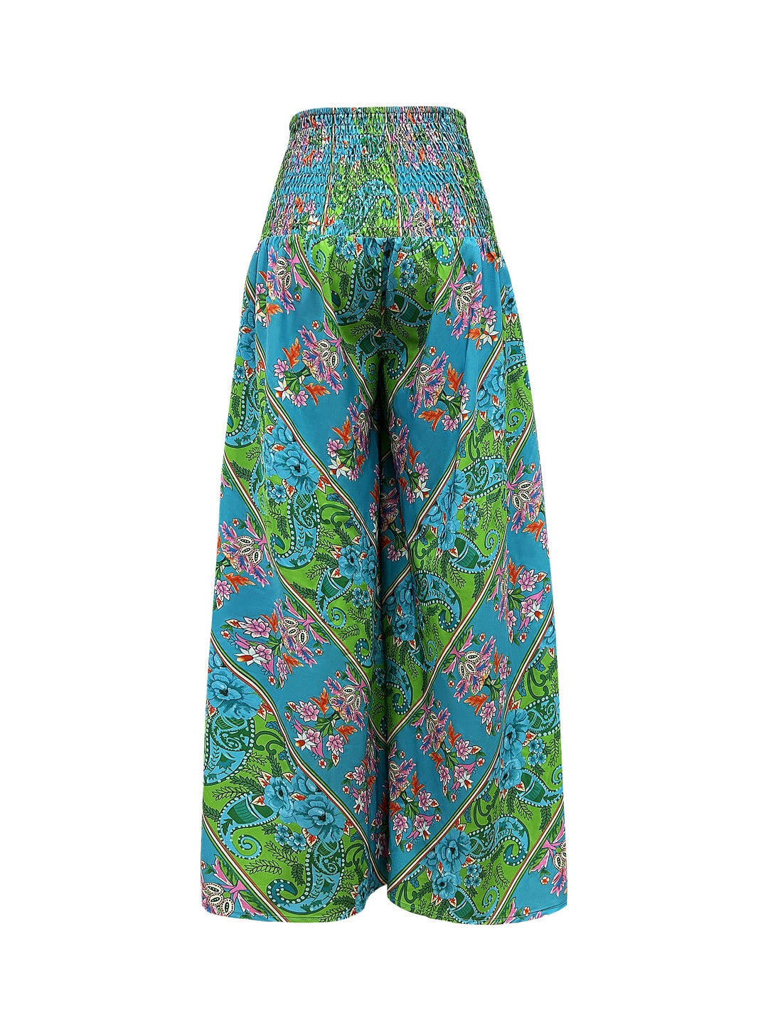 Vibrant Boho Floral Print High Waist Shirred Waist Pants - Soft, Breathable, Comfortable, Versatile, and Flattering - Perfect for Spring and Summer, Womens Casual Clothing, Ideal for Outdoor Activities and Daily Wear