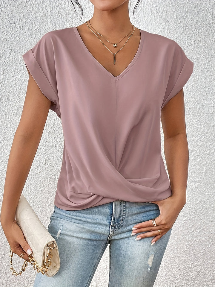 Knot V Neck T-Shirt, Casual Short Sleeve T-Shirt For Spring & Summer, Women's Clothing