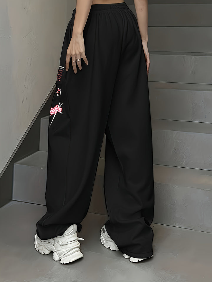 Letter Print Chic Casual Pants - Adjustable Drawstring Waist, Relaxed Loose Fit, Hip-hop Streetwear Style - Perfect for Womens Everyday Fashion