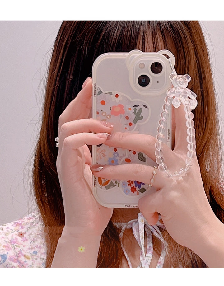 Cute Cartoon Bear & Flower Pattern Phone Case with Bead Bracelet for iPhone 13/11/14 Pro Max/12 XR/XS/7/8 Plus SE 2020/2022 SE/Mini 2022