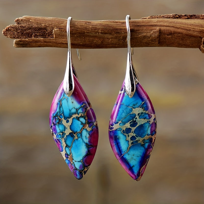 Exquisite Bohemian Imperial Stone Leaf Dangle Earrings - Natural, Handcrafted, Hypoallergenic Jewelry Gift for Women - Unique, Statement-Making, Everyday Accessory